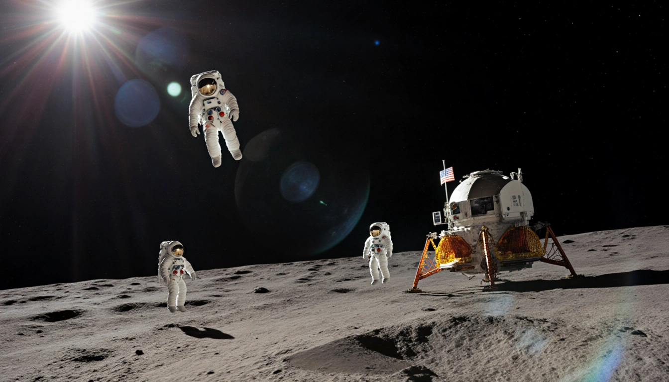 Four astronauts floating near the Moon