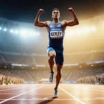 Fred Kerley crossing finish line with arms raised in victory amid golden stadium lights and reflections on the track.
