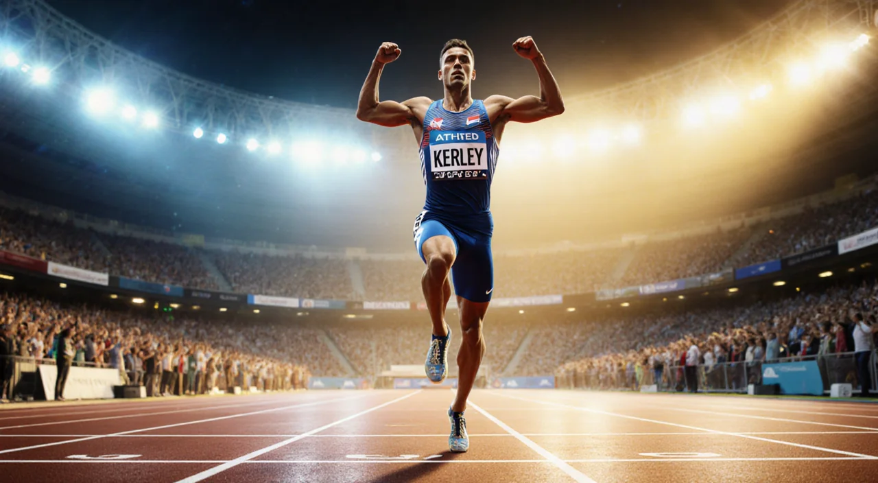 Fred Kerley crossing finish line with arms raised in victory amid golden stadium lights and reflections on the track.