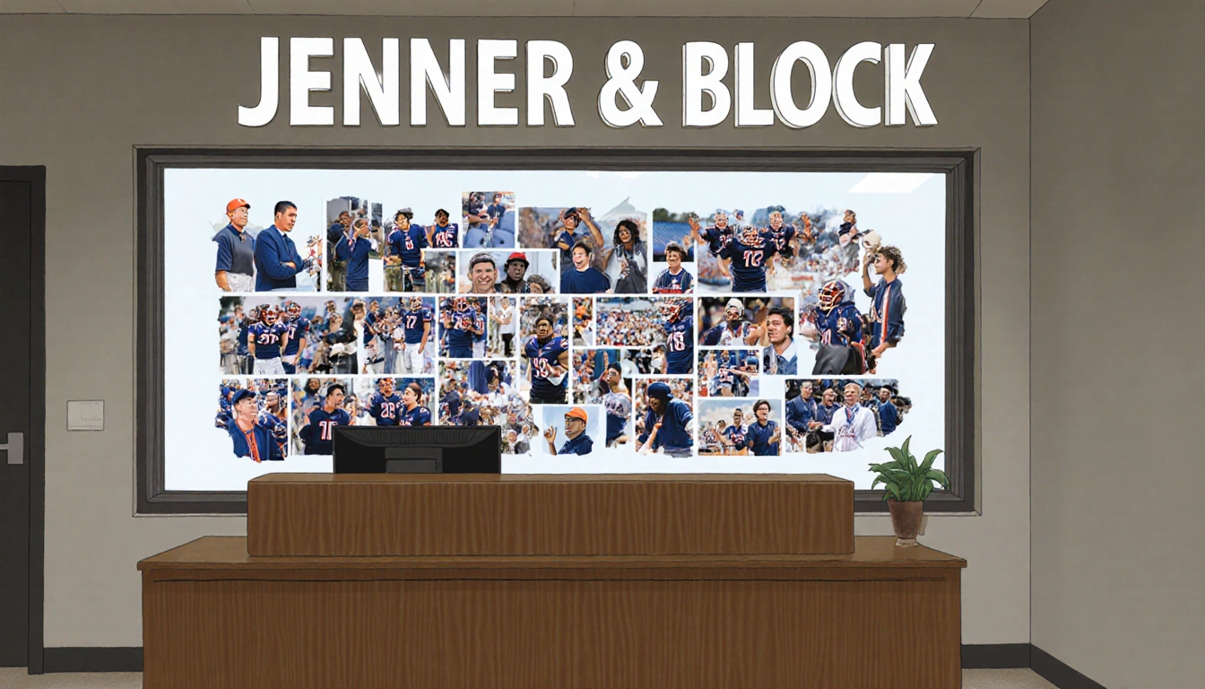 Reception desk displays bold JENNER & BLOCK sign with athletic culture collage behind