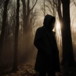 Lone figure in dark hoodie stands at autumn forest edge gazing into night with golden light and long shadows.