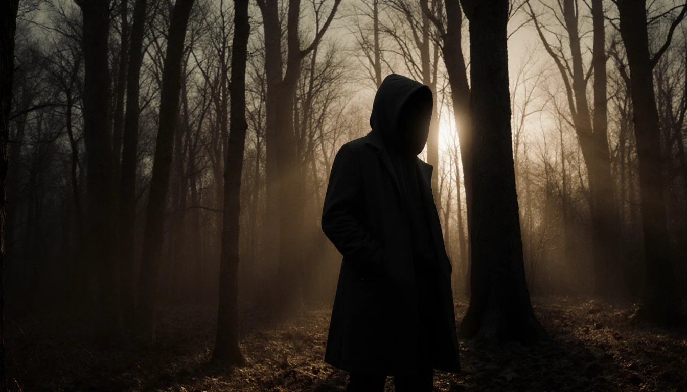 Lone figure in dark hoodie stands at autumn forest edge gazing into night with golden light and long shadows.