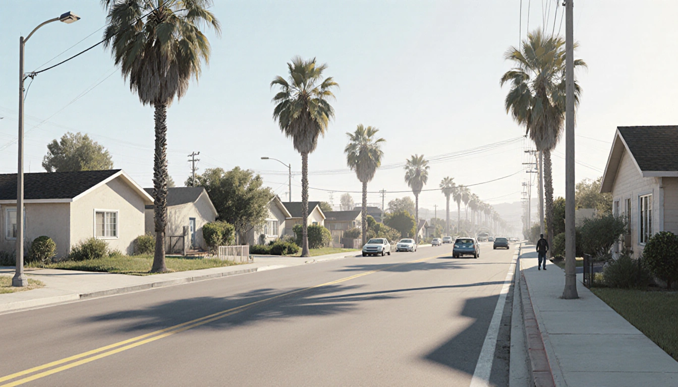 Small houses line the street with palm trees and a sunny sky in Avocado Heights South Los Angeles near the 110 freeway
