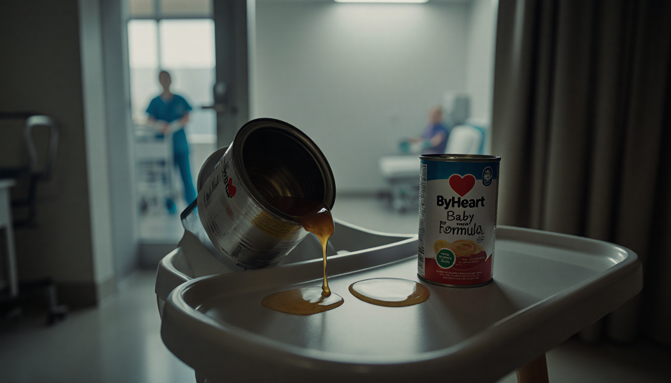 Baby high chair holding partially filled ByHeart formula can with drops spilling onto tray and hospital outline in background