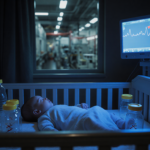 Baby sleeping in crib hospital room with empty formula bottles and medical monitor glow while factory line blurs in backgroun