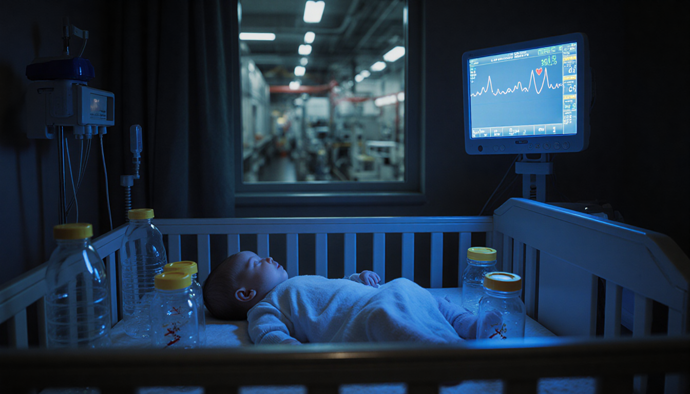 Baby sleeping in crib hospital room with empty formula bottles and medical monitor glow while factory line blurs in backgroun