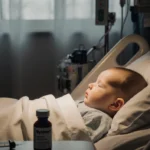 Baby lying in hospital bed with soft warm light and a syringe beside a ByHeart bottle