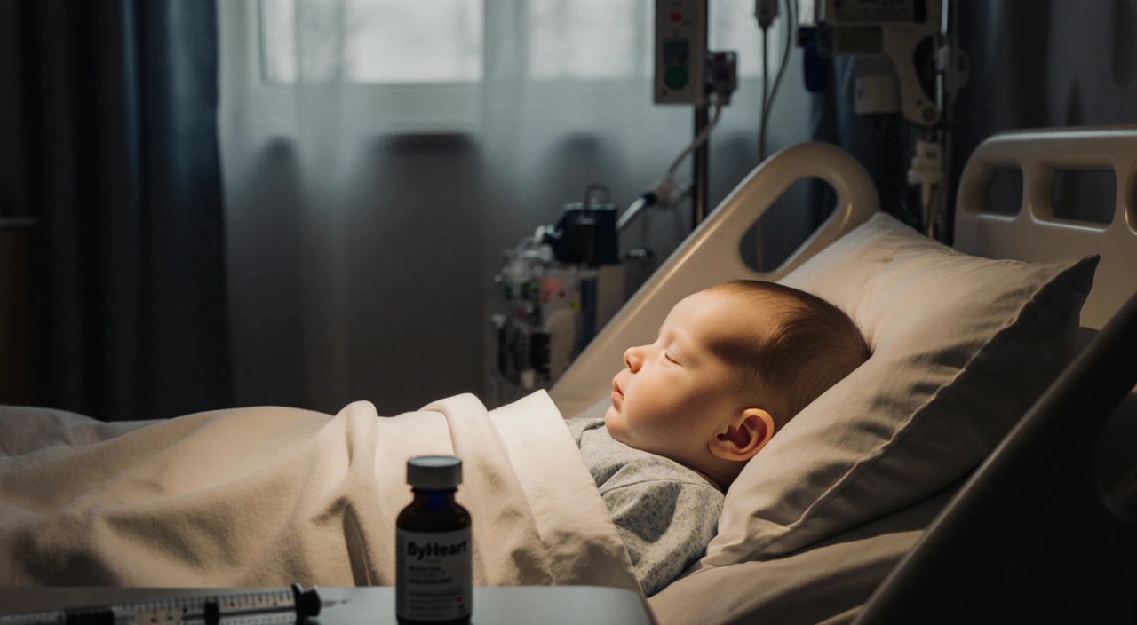 Baby lying in hospital bed with soft warm light and a syringe beside a ByHeart bottle