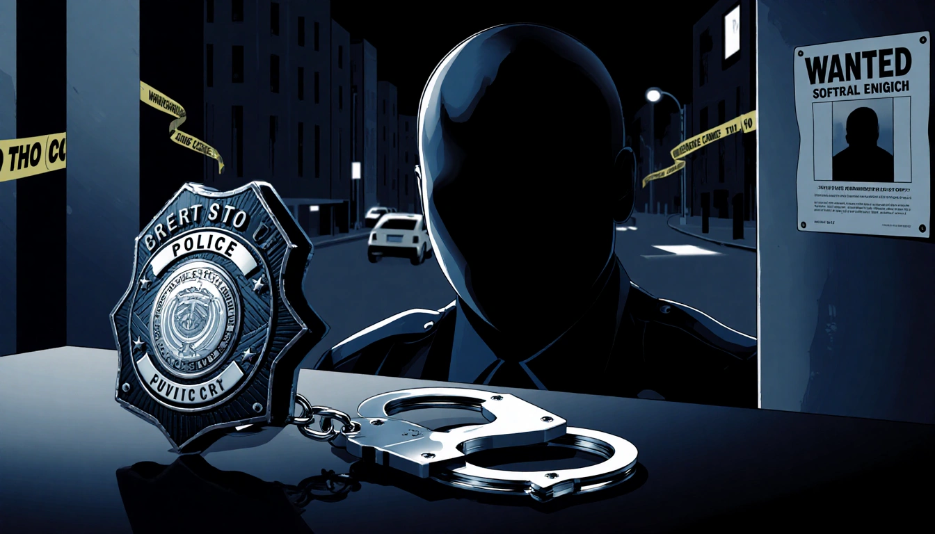 Police badge and handcuffs lie on a desk with dimly lit city streets blurred behind and crime tape in corner.