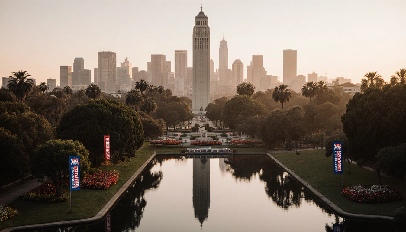 California Tower stands beside tranquil lagoon at dawn with Balboa Park green and San Diego skyline