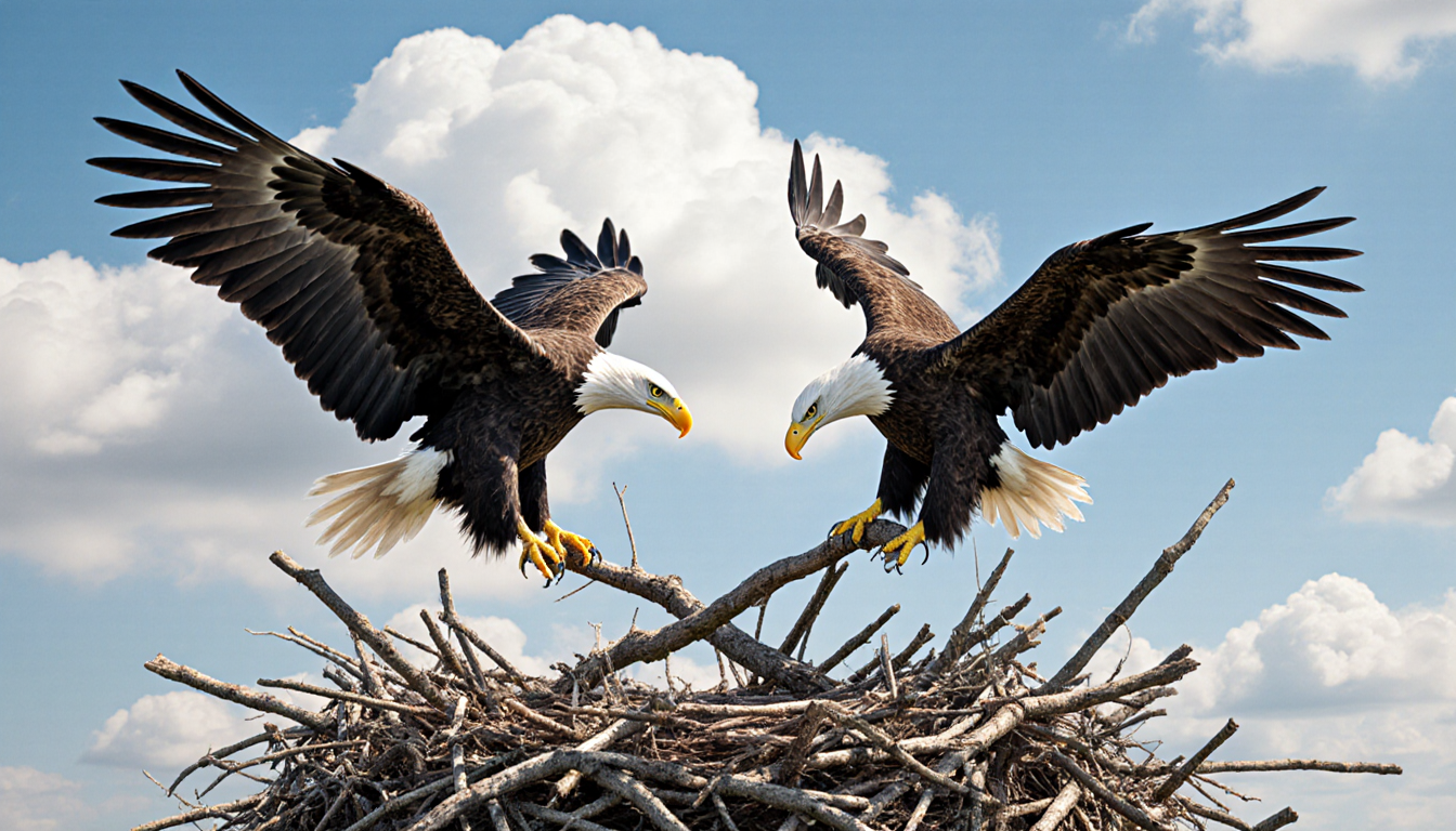 Two bald eagles flying toward each other dropping sticks into a nest with record delivery day sunny sky and fluffy clouds