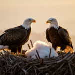Two bald eagles perched atop nest with warm golden light and soft fluff and sticks peeking from beneath the fluff.