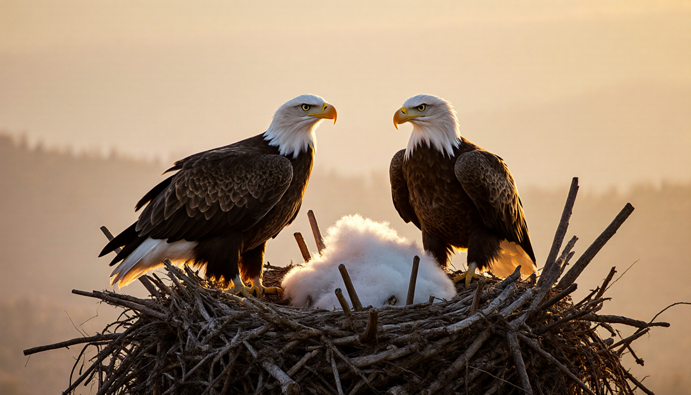 Two bald eagles perched atop nest with warm golden light and soft fluff and sticks peeking from beneath the fluff.