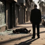 Man stands with back while a robbery victim lies motionless amid glass and a speeding car behind at Baldwin Hills crime scene