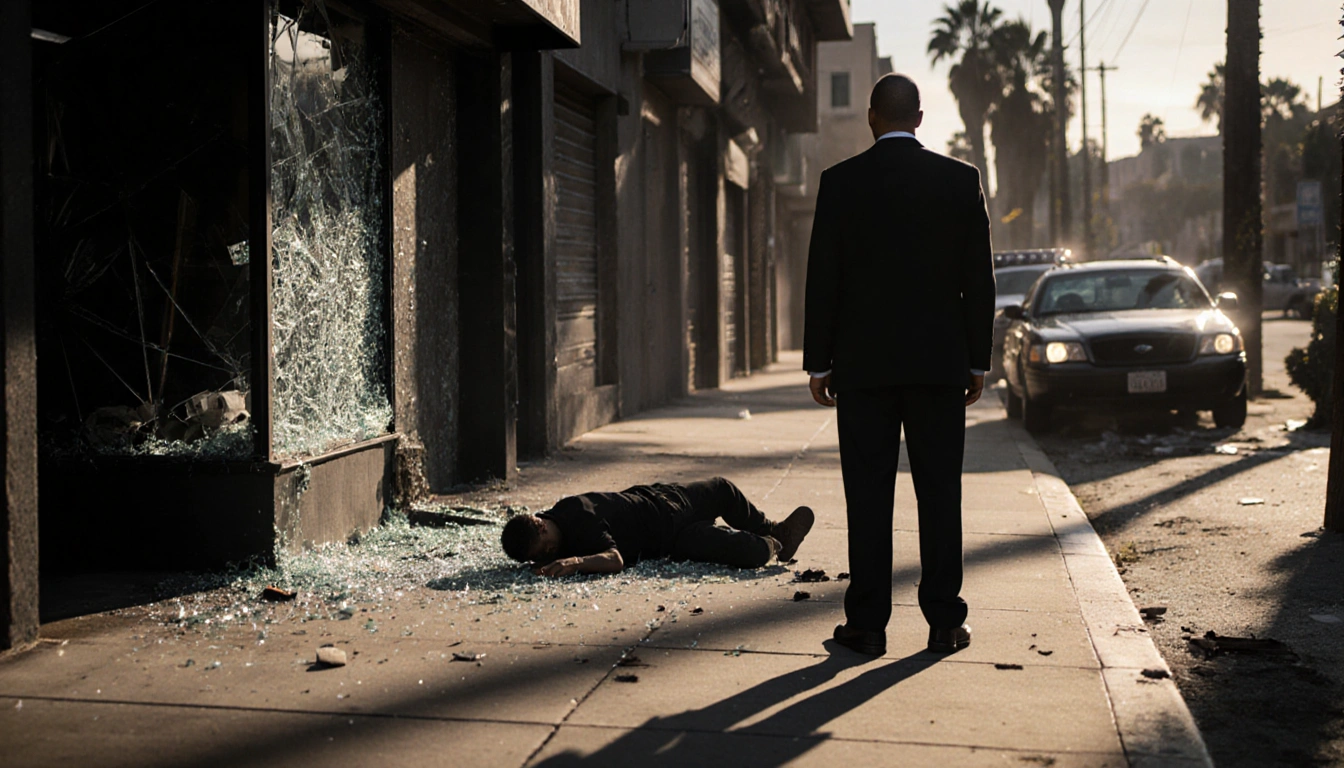 Man stands with back while a robbery victim lies motionless amid glass and a speeding car behind at Baldwin Hills crime scene