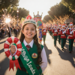 Girl Scout holding ribbon with sparkler crown amid parade floats and marching bands on Central Avenue