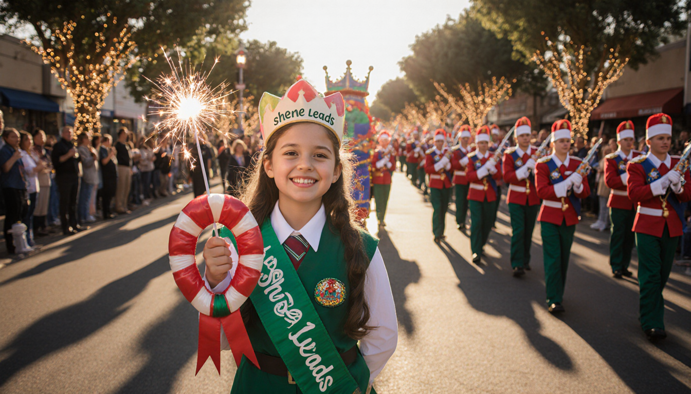 Girl Scout holding ribbon with sparkler crown amid parade floats and marching bands on Central Avenue