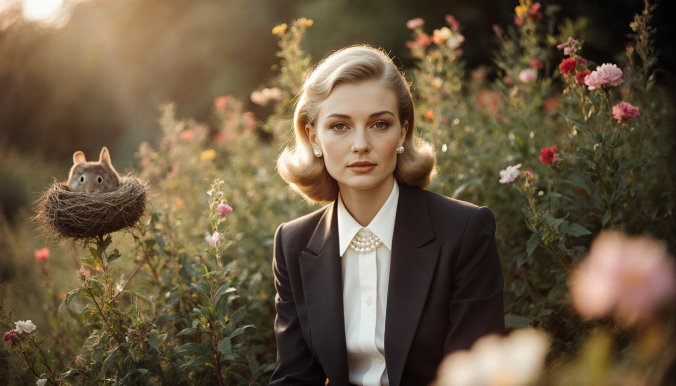 Brigitte Bardot sits in a classic French suit with pearls surrounded by lush greenery and flowers and a hidden rabbit