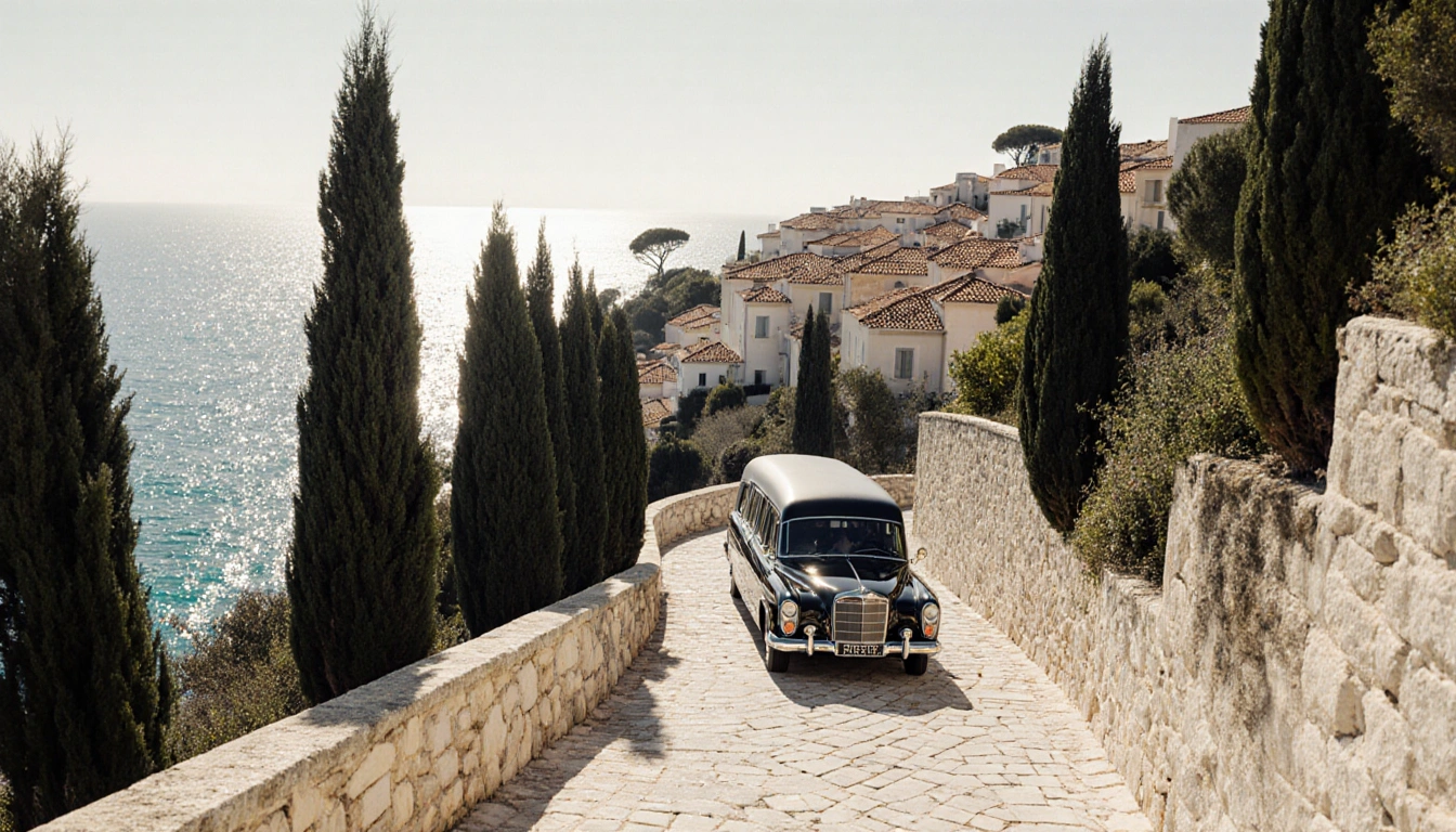 Funeral procession moving along white stone path toward turquoise Mediterranean Sea with cypress trees and golden sunset glow