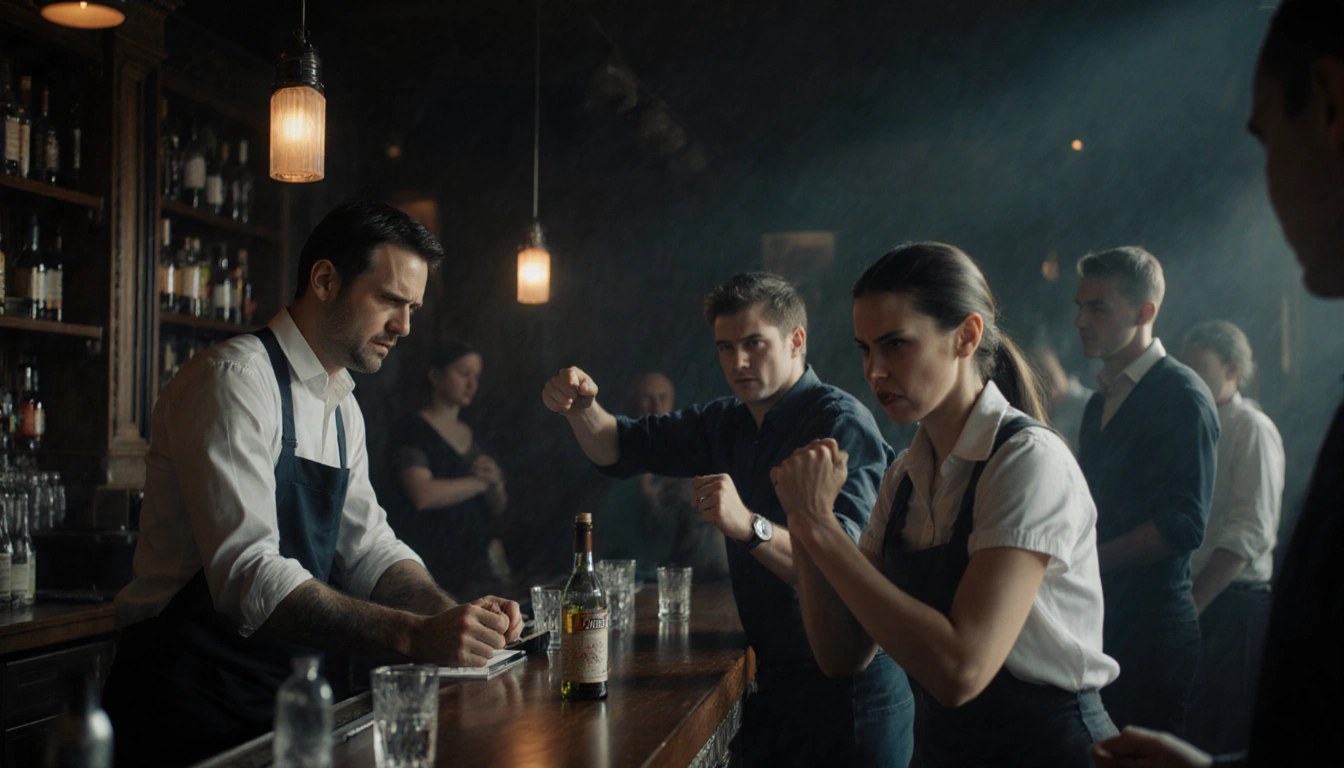 Afkari clenches fist with eyes blazing with anger in a tense barroom where a frustrated bartender watches and a server retrea