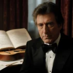 Barry Manilow sits in a tuxedo with an open guitar and soft lamp glow in a dim dressing room.