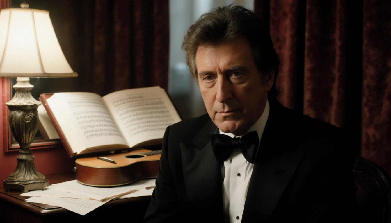 Barry Manilow sits in a tuxedo with an open guitar and soft lamp glow in a dim dressing room.