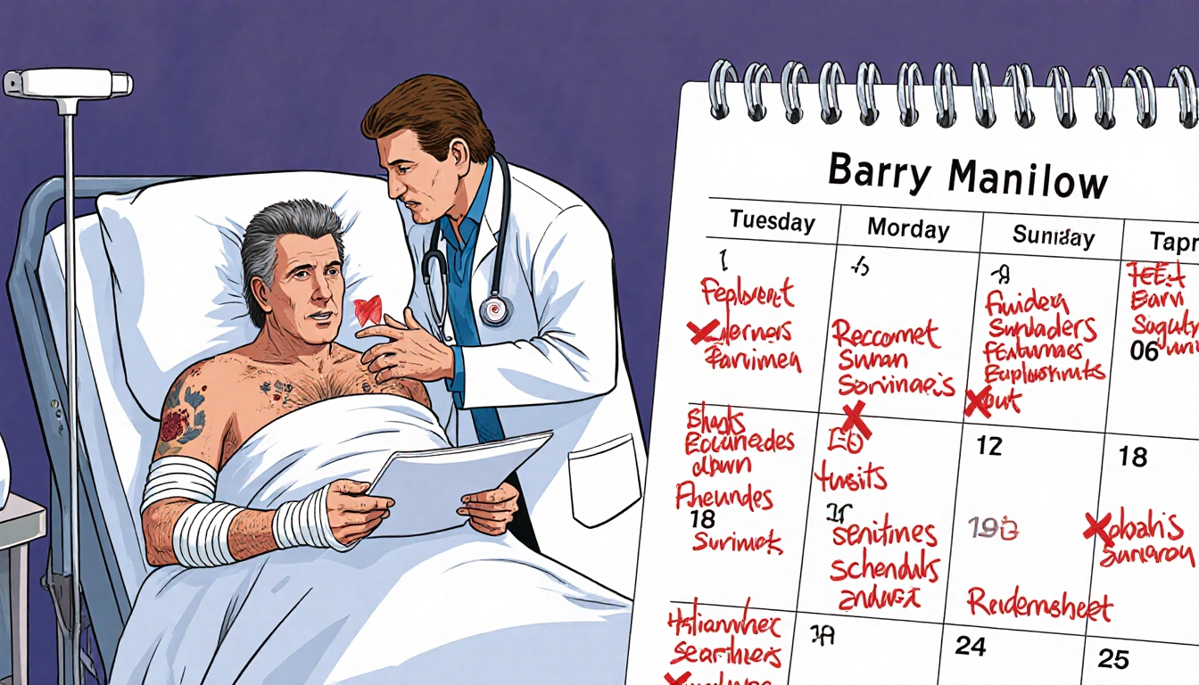 Barry Manilow resting in hospital bed with doctor explaining surgery and calendar showing rescheduled concert dates