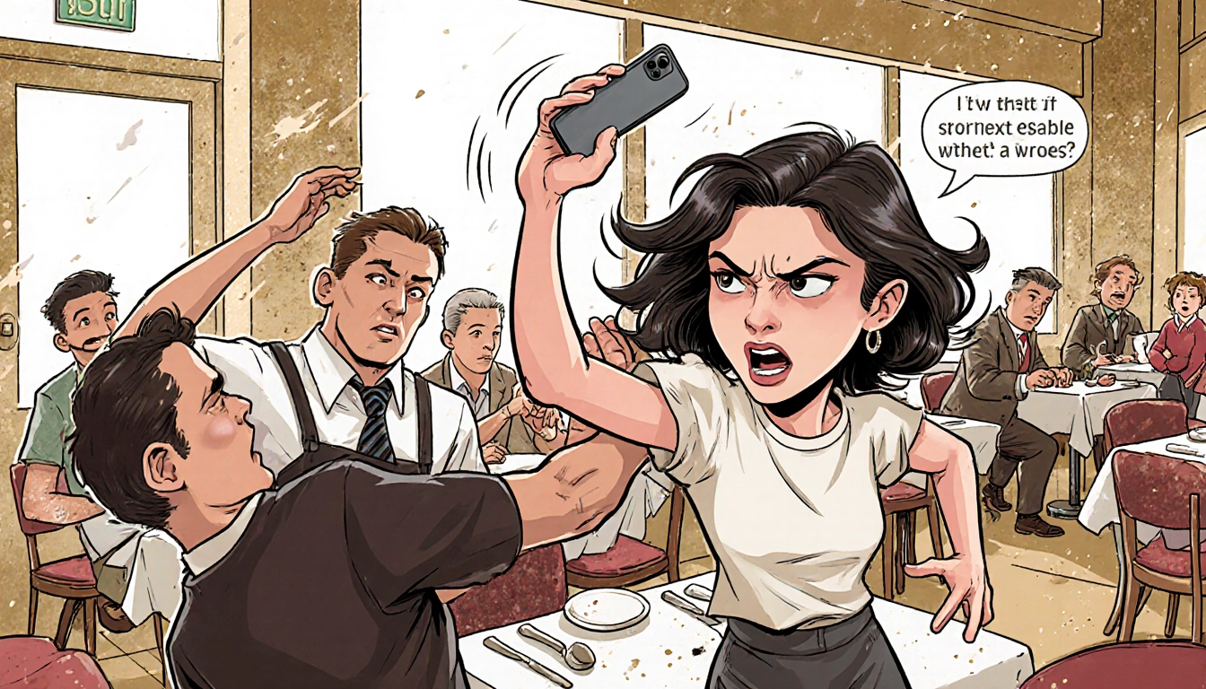 Bartender Michael Marchese forcing Afkari out with her phone aloft while she slaps a busser.