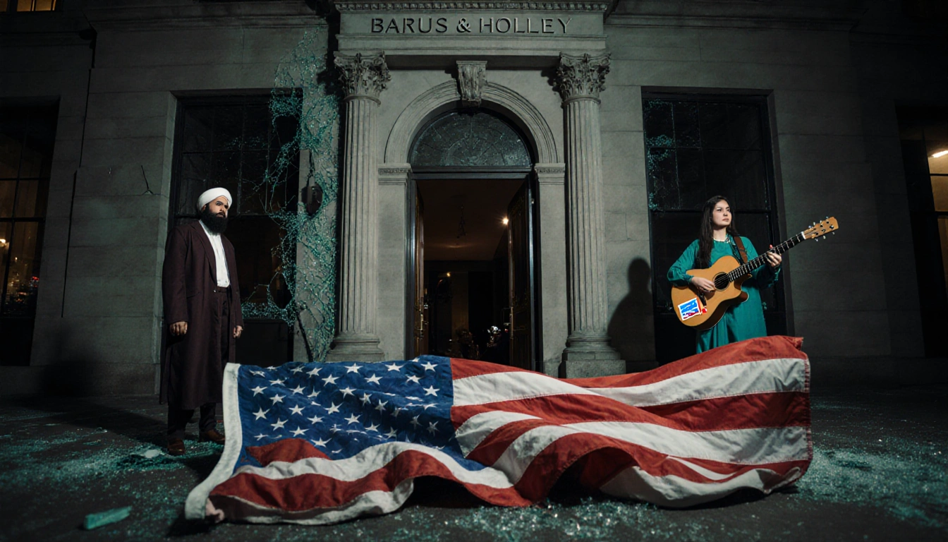 Uzbek man and woman with guitar case Alabama map sticker stand beside a torn American flag near a Barus & Holley entrance.
