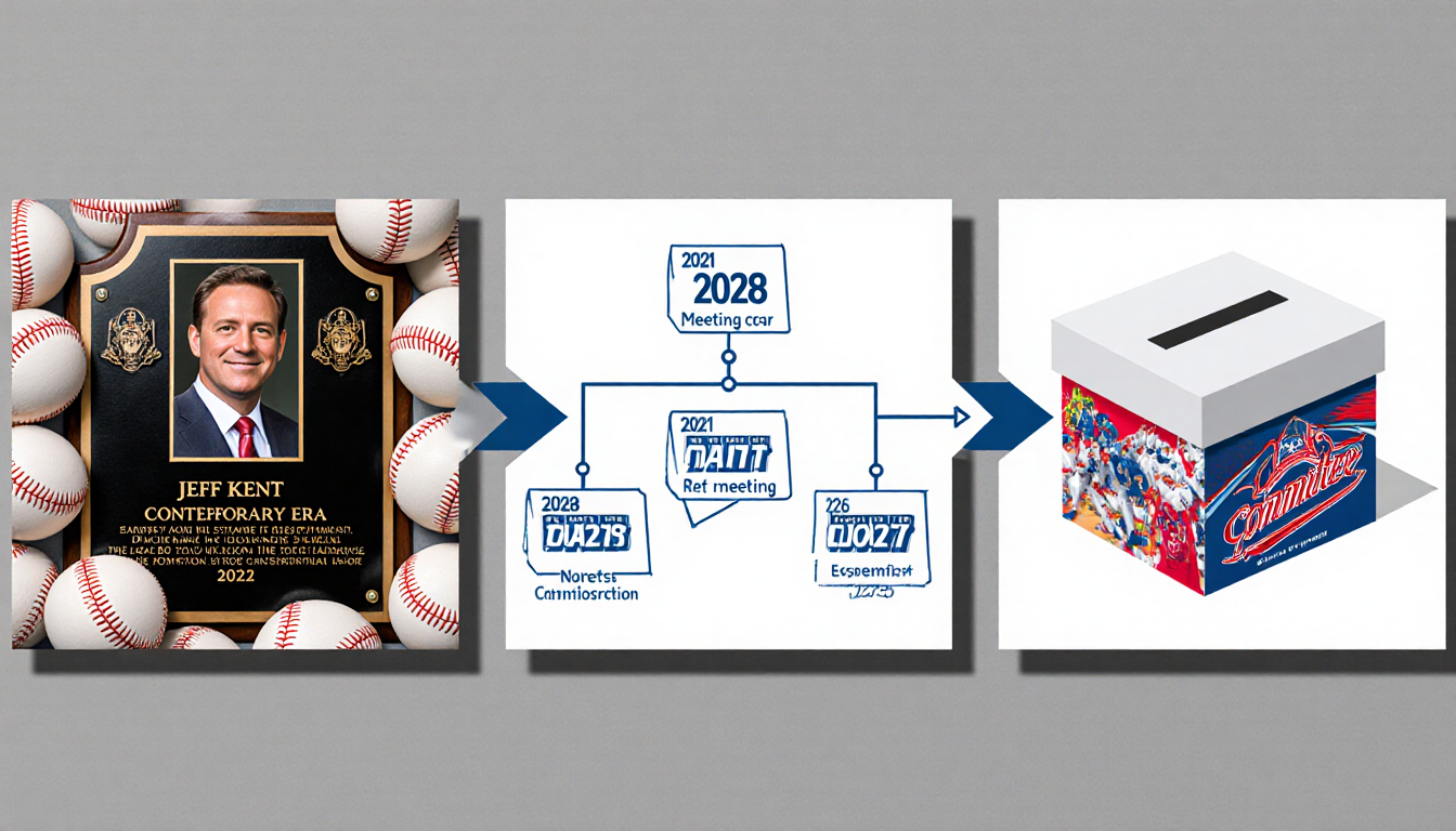 Illustration depicts the Baseball Hall of Fame committee structure with Jeff Kent plaque a timeline diagram and a ballot box.