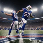 Bills running back James Cook sprinting into end zone with Josh Allen celebrating in background, stadium lights reflecting of