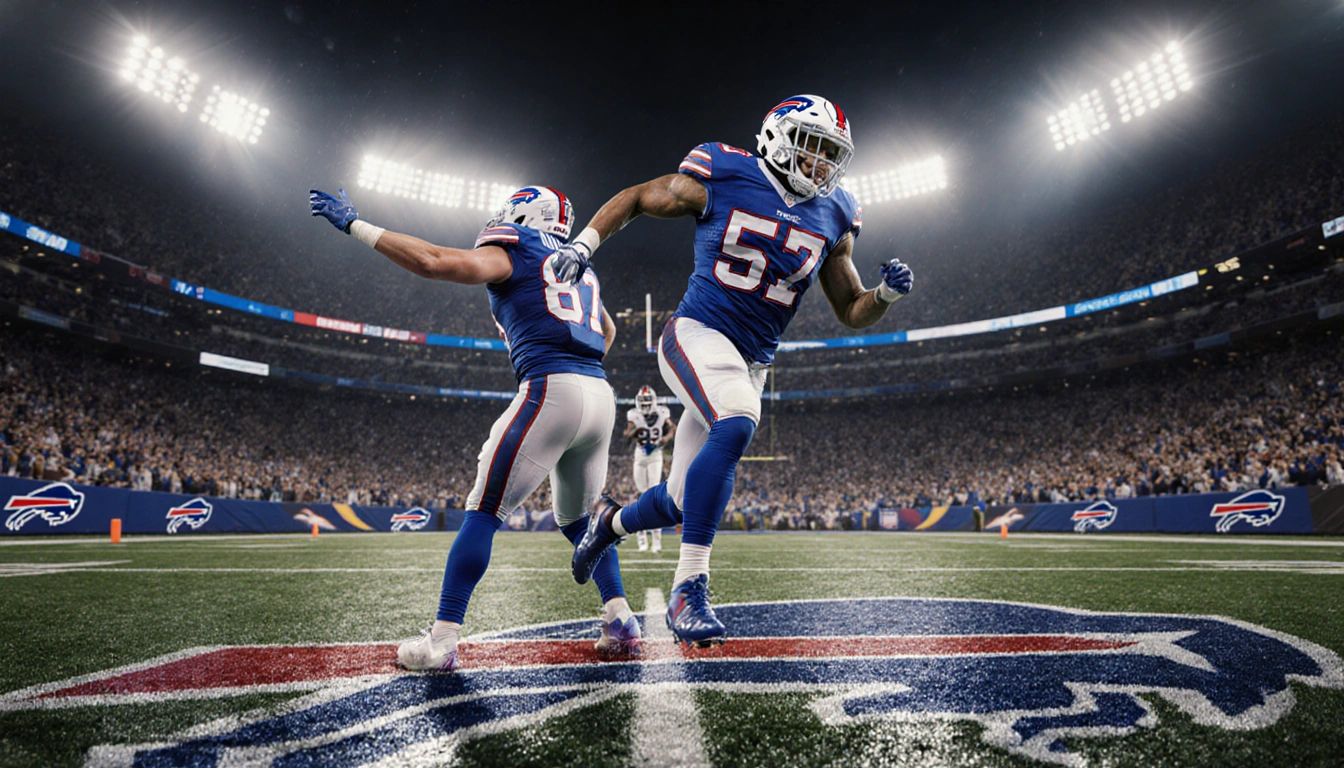 Bills running back James Cook sprinting into end zone with Josh Allen celebrating in background, stadium lights reflecting of