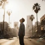 Person standing calmly with broken streetlights and shattered storefront windows in background.