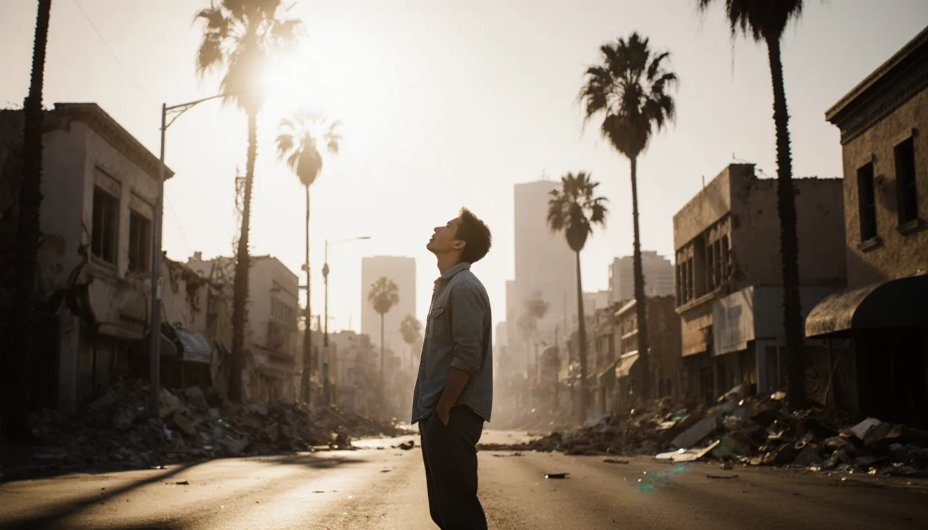Person standing calmly with broken streetlights and shattered storefront windows in background.