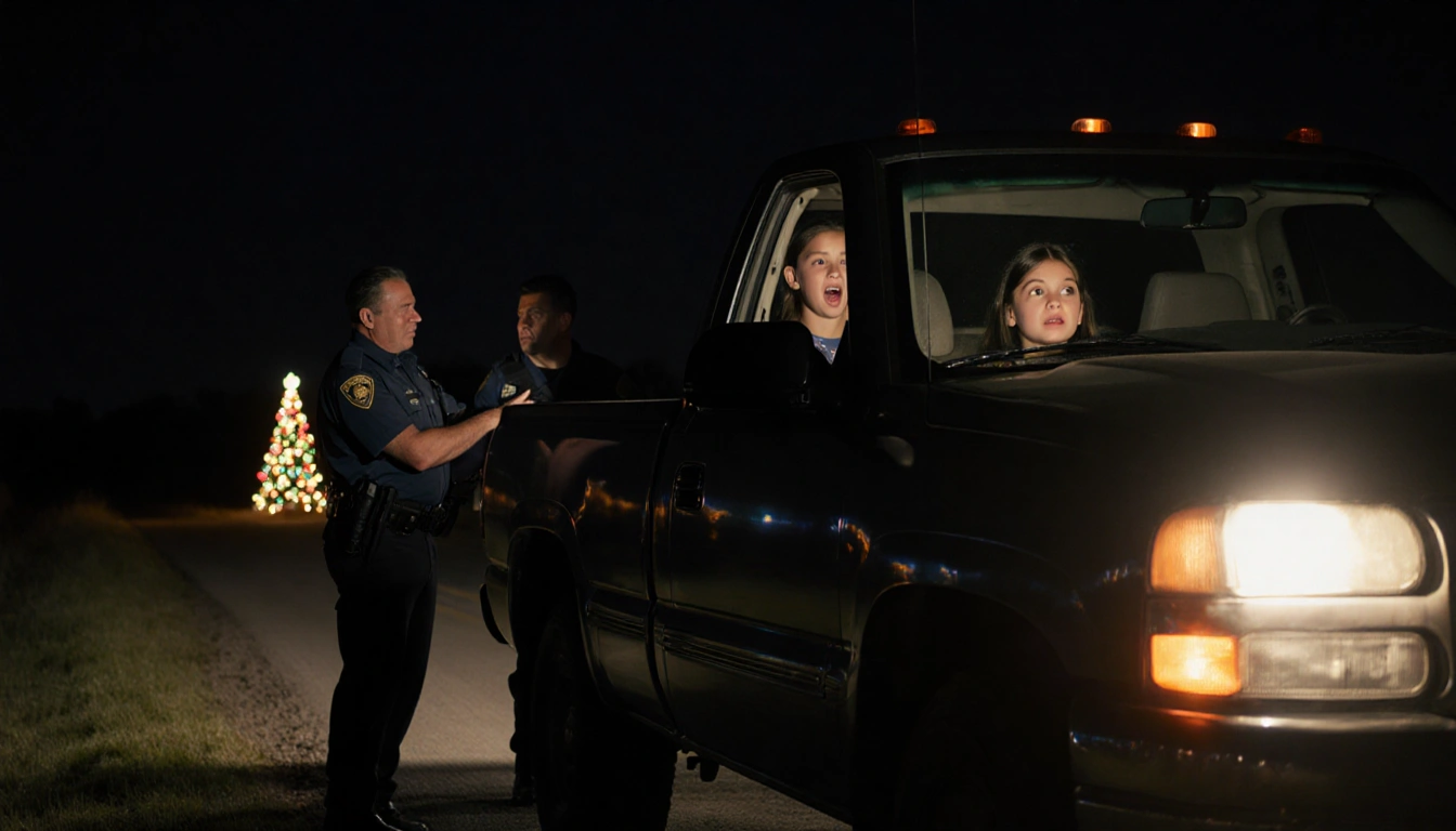 Young girl sitting in passenger seat looking scared and shaken with father standing beside truck nearby.