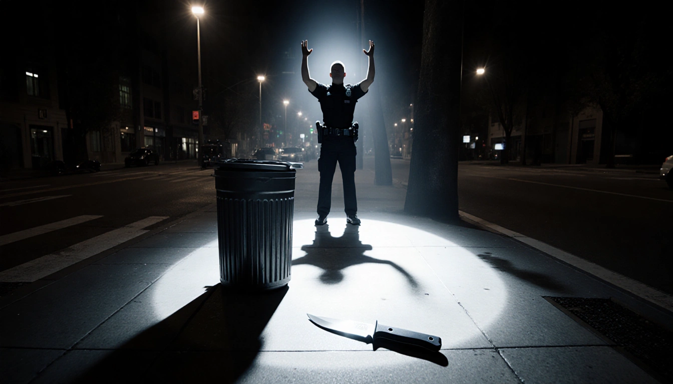 Police officer standing with arms up hands visible amidst a pool of light spilled from their flashlight on the dark sidewalk.