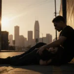 Young woman lies lifeless on dimly lit city street at dusk with her partner slumped against graffiti-covered wall nearby.