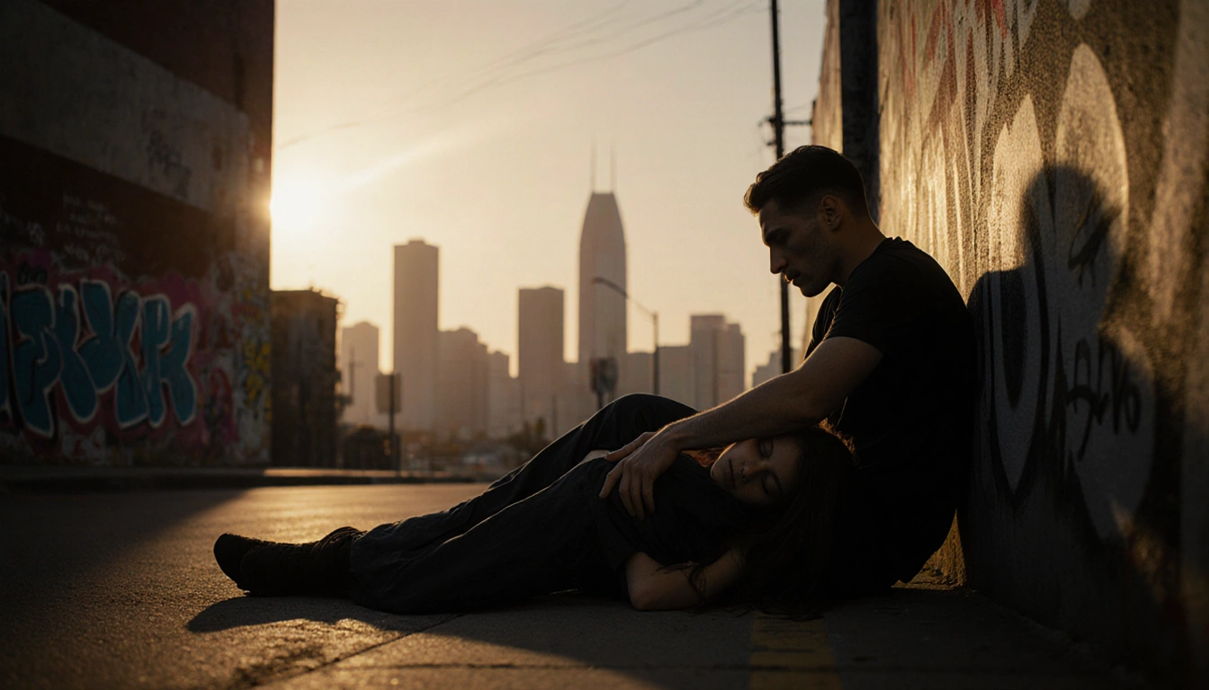 Young woman lies lifeless on dimly lit city street at dusk with her partner slumped against graffiti-covered wall nearby.