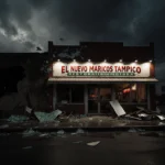 Restaurant exterior at dusk with shattered glass and torn metal scattered on sidewalk.