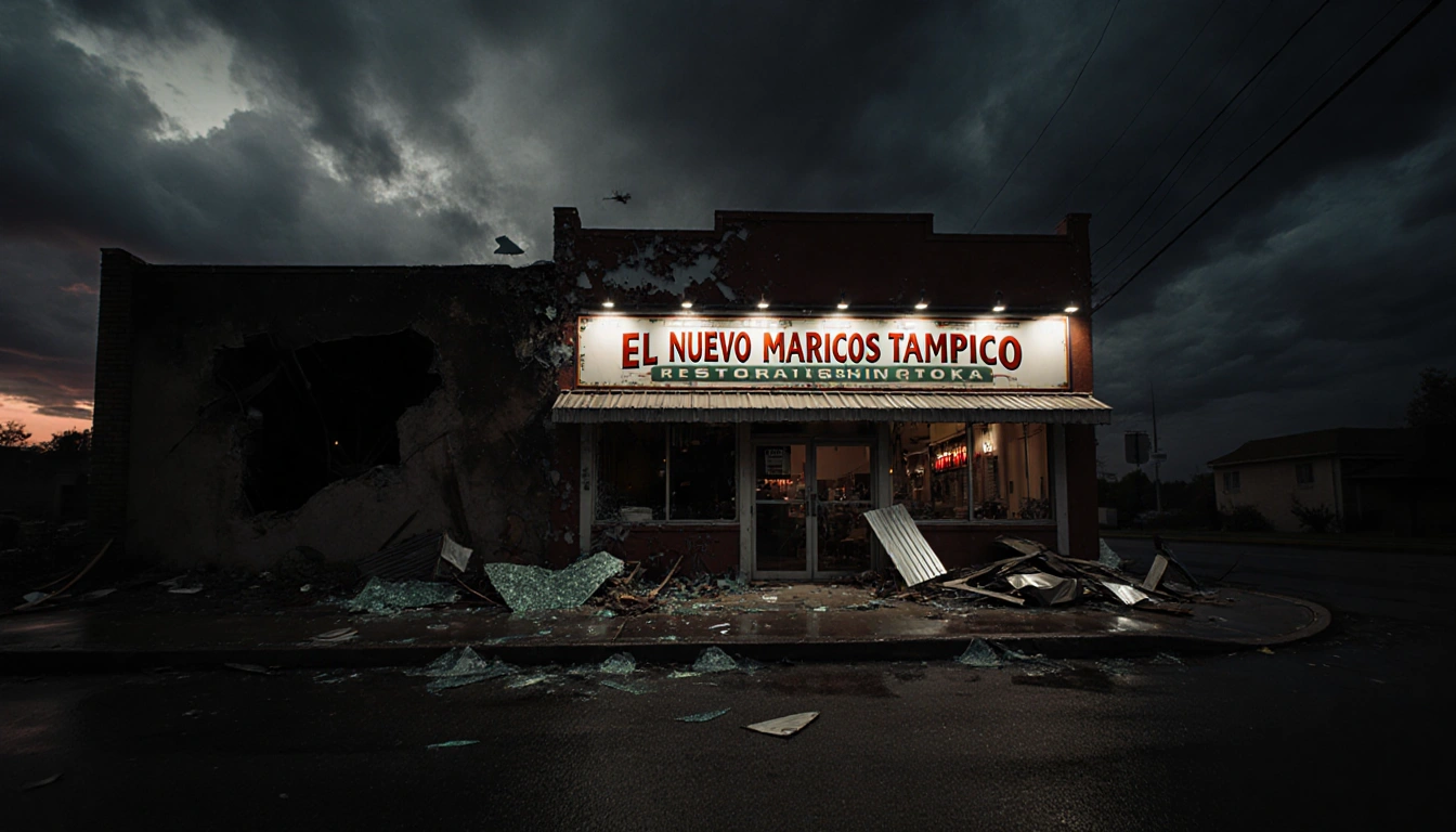 Restaurant exterior at dusk with shattered glass and torn metal scattered on sidewalk.