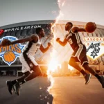 Blurry Jalen Brunson and Victor Wembanyama leap with glowing orange fists and basketballs T‑Mobile Arena Las Vegas cityscape