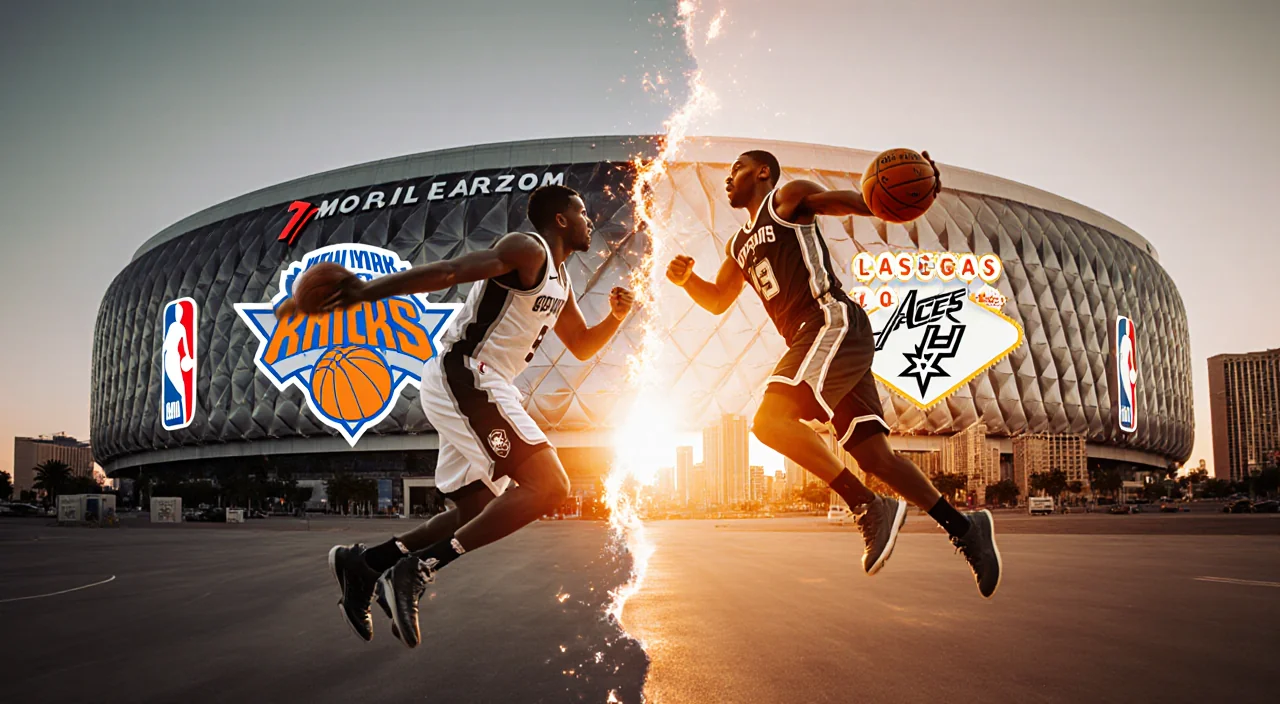 Blurry Jalen Brunson and Victor Wembanyama leap with glowing orange fists and basketballs T‑Mobile Arena Las Vegas cityscape