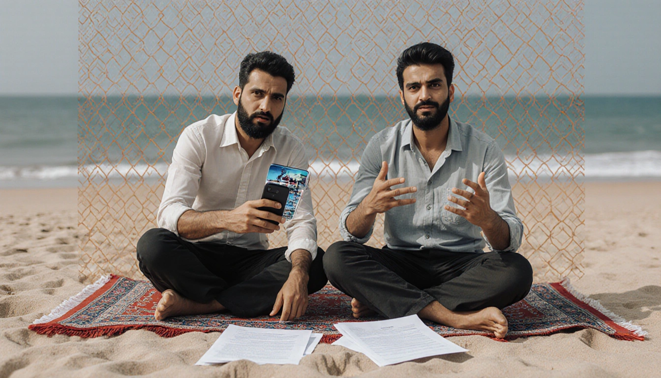 Two men discuss business planning with papers and smartphone showing video while one gestures toward camera on a prayer mat