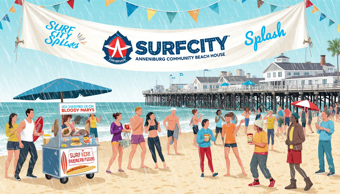 Beach crowd cheers with a Surf City Splash banner and umbrellas while vendors offer burritos and Bloody Marys in winter gear
