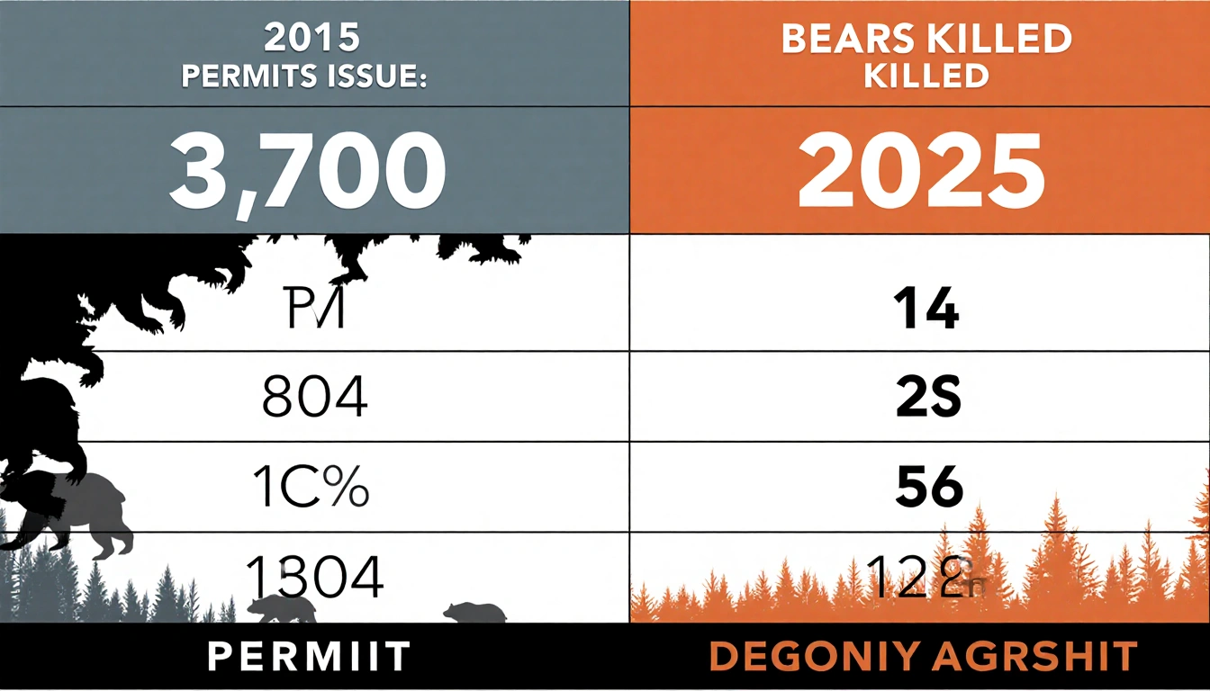 Table shows 2015 vs 2025 bear hunting with 3700 permits and 304 kills and 2 permits and 52 kills and bear silhouettes