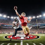 49ers quarterback launching a pass with defenders racing and fans raising arms above the stadium