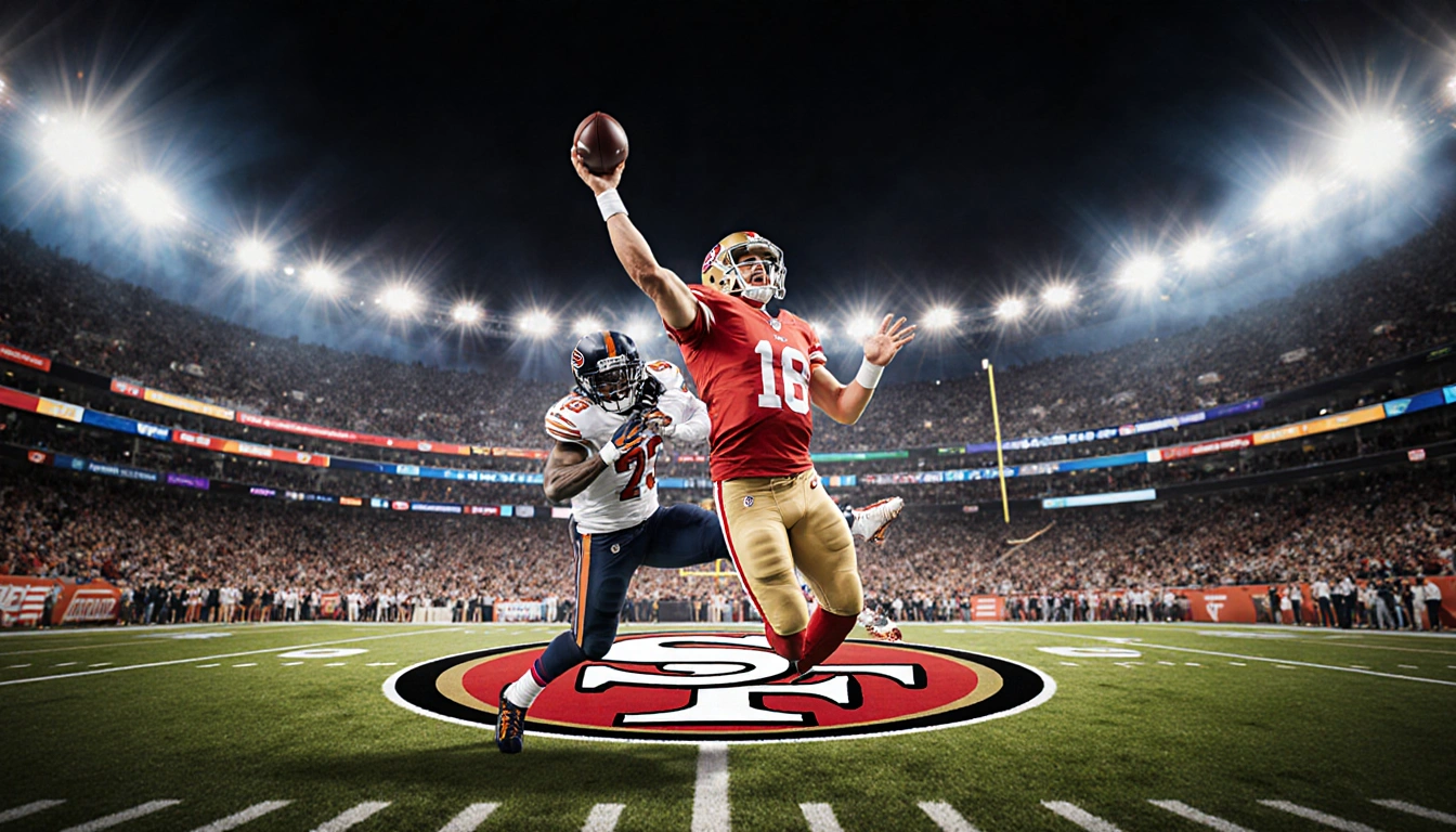49ers quarterback launching a pass with defenders racing and fans raising arms above the stadium