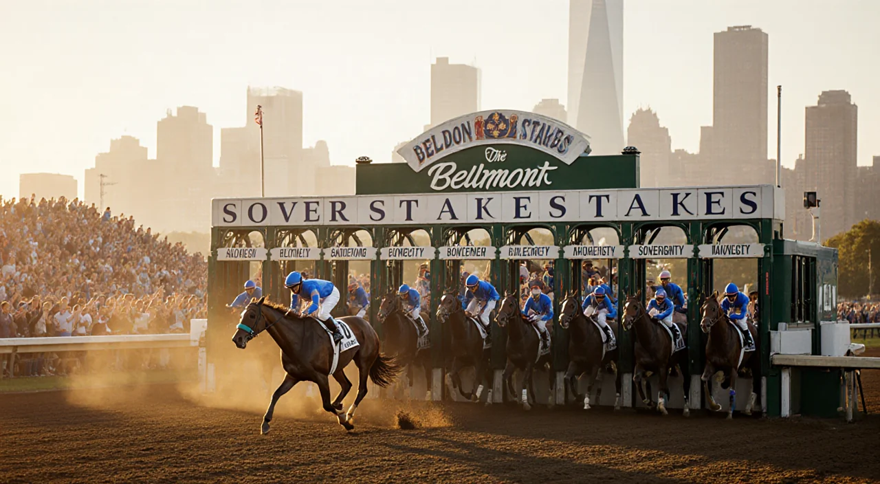 Sovereignty prances at the starting gate with a golden sun glow and a grandstand of fans beside the Belmont Stakes logo
