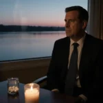 Ben Sasse sits alone in a dimly lit hospital room with a large window overlooking a lake at dusk and a candle on the table