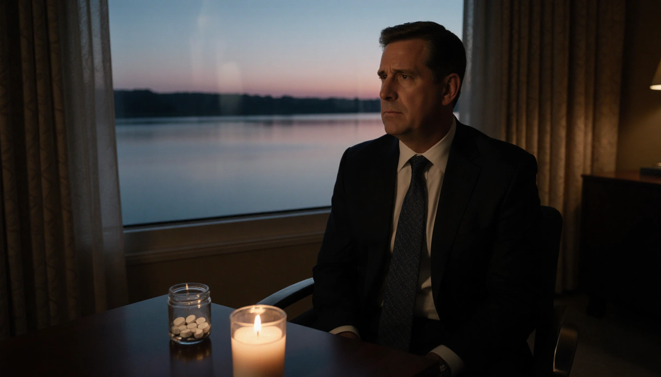 Ben Sasse sits alone in a dimly lit hospital room with a large window overlooking a lake at dusk and a candle on the table